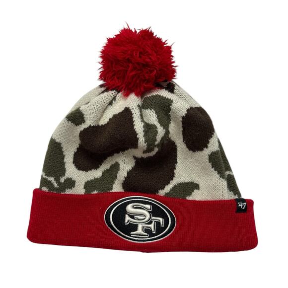 47 Other - San Francisco 49ers Camo Cuffed Pompom Beanie Forty Seven NFL Licensed Red White